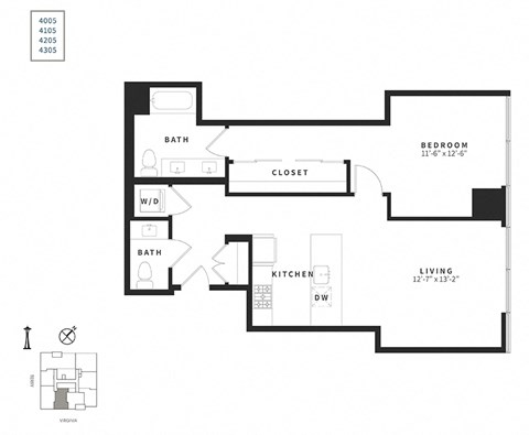 Floor plan for 1 bed, 1.5 baths, 917 sqft